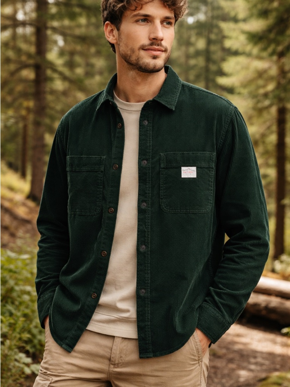 NWT H&M Men’s Oversized Corduroy Button Down Shirt Dark Green Size L